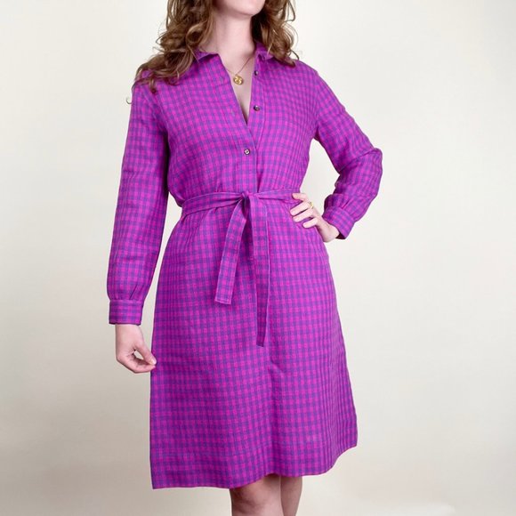 Vintage 100% Wool Plaid Check Midi Shirt Dress Long Sleeve Barbiecore Saturated - Picture 6 of 6
